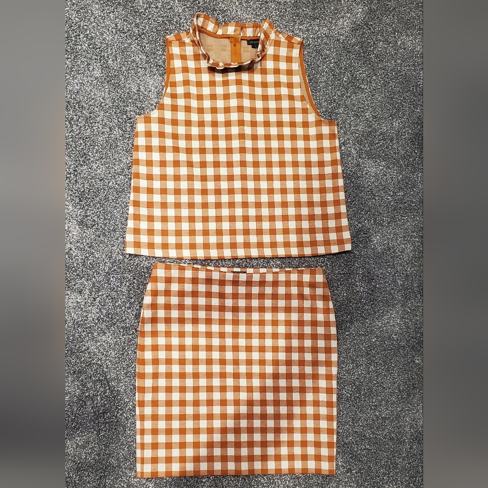 Ann Taylor Tan & Cream Gingham Skirt & Shirt Set